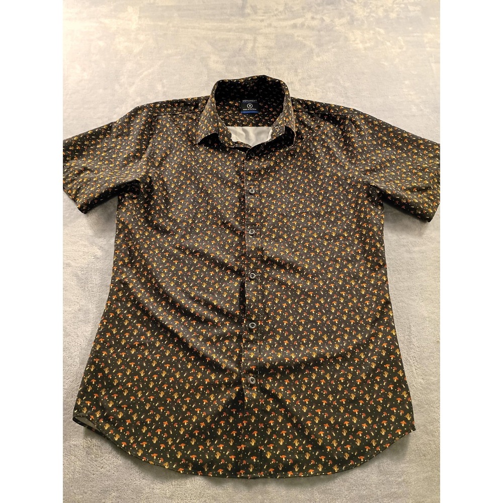Monument Shirt Mens Small Black Mushroom Print Short Sleeve Button Up Casual